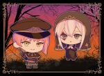  1boy 1girl black_capelet black_dress black_hat capelet chibi chibi_only commentary_request crossdressing crossdressing_(ftm) crossdressing_(mtf) double-parted_bangs dress facepaint full_body gradient_sky grey_eyes gun hand_on_own_hip handgun hat holding holding_gun holding_weapon jack_jeanne long_hair mary_jane_(jack_jeanne) military_hat military_uniform nagatsuki_303 nun nun_headdress orange_sky outdoors pink_hair purple_sky reverse_trap shirota_mitsuki short_hair silk sky spider_web tachibana_kisa trap weapon white_hair yellow_eyes 