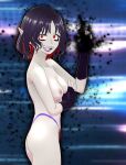  1girl absurdres aura breasts dark_aura fang female_pubic_hair fingerless_gloves gloves highres meela_(the_wild_blue) mixed_media multicolored_hair nipples non-web_source pointy_ears pubic_hair purple_hair red_eyes red_hair self-upload solo the_wild_blue thong 