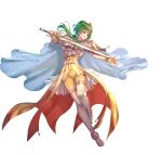  1girl absurdres amiti armor attack breastplate cape crown dress elincia_ridell_crimea elincia_ridell_crimea_(undaunted_queen) fingerless_gloves fire_emblem fire_emblem:_radiant_dawn fire_emblem_heroes fujikawa_akira full_body gloves gold_dress gold_gloves gold_trim green_eyes green_hair hair_bun high_heels highres leggings official_alternate_costume official_art shoes shoulder_armor solo sword v-shaped_eyebrows weapon white_cape white_shoes yellow_leggings 