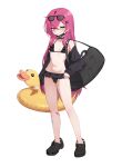  1girl absurdres angry bag bandaid bandaid_on_leg bikini black-framed_eyewear black_bikini black_choker black_jacket black_mask black_survival blush breasts choker clenched_teeth commentary_request crocs crossed_bangs duck_innertube duffel_bag earclip earrings eternal_return:_black_survival eyewear_on_head frilled_bikini frills full_body glasses green_eyes hair_between_eyes hair_ornament hairclip highres holding holding_swim_ring innertube jacket jewelry kisa_(leg3043) korean_commentary long_hair long_sleeves looking_at_viewer mask mask_pull mirka_(black_survival) mouth_mask navel off_shoulder open_clothes open_jacket parallel_hairclips pink_hair simple_background single_hair_intake sleeves_past_wrists small_breasts solo standing swim_ring swimsuit teeth transparent_background v-shaped_eyebrows very_long_hair 