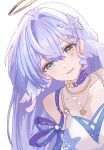  1girl arm_ribbon bare_shoulders bikini blue_hair breasts chain chain_necklace choker collarbone commentary_request drill_hair drill_sidelocks eyelashes facial_mark feathered_wings flower gold_necklace green_eyes hair_between_eyes hair_ornament halo head_wings heart heart_facial_mark highres honkai:_star_rail honkai_(series) jewelry large_breasts long_hair looking_at_viewer necklace o-ring o-ring_choker open_mouth pearl_hair_ornament purple_choker purple_ribbon ribbon robin_(honkai:_star_rail) robin_(summeretto)_(honkai:_star_rail) sidelocks simple_background smile solo sparkling_eyes star_(symbol) star_facial_mark star_necklace star_print starfish_hair_ornament swimsuit upper_body very_long_hair white_background white_bikini wings y0sh1_k1ch1 yellow_flower 