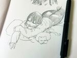  1girl ass cat closed_eyes commentary_request cropped_legs dot_nose eyelashes graphite_(medium) greyscale hair_between_eyes hand_on_own_arm highres jun_(navigavi) long_sleeves lying medium_hair monochrome on_pillow on_stomach open_mouth original pants paper_background photo_(medium) shirt sketch sleeping solo tight_clothes tight_pants traditional_media 