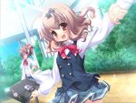  2girls ahoge bag bag_charm black_vest bow brown_hair building bush charm_(object) cloak dakko_shite_gyu! glasses hair_bow hair_ornament hand_on_own_hip happy holding holding_bag holding_hands ibaramori_koyoi ibaramori_tobari kamitsurugi_ouka multiple_girls open_mouth plaid_clothes plaid_skirt ponytail red_bow red_eyes ribbon school_bag school_uniform short_hair siblings sisters skirt sunlight vest white_cloak 