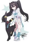  1girl black_hair collar commentary_request expressionless full_body hair_intakes highres leash long_hair long_shirt looking_at_viewer loose_socks luna_(nashi) nashi_(shi_ra_nu_i) original pokemon red_eyes shoes simple_background sneakers socks translation_request twintails umbreon very_long_hair 