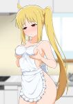  1girl absurdres ahoge apron blonde_hair blurry blurry_background blush bocchi_the_rock! breasts collarbone commentary_request grabbing_own_breast half-closed_eyes highres ijichi_nijika indoors kitchen long_hair medium_breasts naked_apron red_eyes side_ponytail solo standing usazirou539 window 