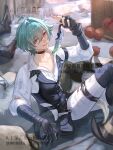  1boy 2others ahoge apple arm_belt arm_up artist_name belt black_belt black_boots black_choker black_gloves black_hat black_ribbon black_vest blood blood_on_clothes blurry blurry_background boots bouquet buttons choker collarbone collared_shirt commentary_request crossed_legs dagger day death disaster_and_remorse_(genshin_impact) earrings empty_eyes feet_out_of_frame food fruit genshin_impact gloves green_hair hair_between_eyes hat hat_feather hat_ornament highres holding holding_dagger holding_knife holding_weapon jewelry juliet_sleeves knife lapels lohen_(genshin_impact) lohen_(standardized_test)_(genshin_impact) long_sleeves looking_at_viewer male_focus mole mole_under_eye multiple_others murder official_alternate_costume outdoors pants pink_eyes pouch puffy_long_sleeves puffy_sleeves ribbon shadow shirt short_hair single_earring sitting smile solo_focus sunlight tanemaki_monaka teeth thigh_boots thigh_strap torn_clothes torn_shirt unworn_hat unworn_headwear vest watermark weapon white_pants white_shirt 