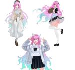  1girl absurdres alternate_costume animal_ears apron aqua_hair beret black_choker black_dress black_shoes black_skirt breasts cat_ears choker cyrene_(demiurge)_(honkai:_star_rail) cyrene_(honkai:_star_rail) diamond-shaped_pupils diamond_(shape) double_v dress grey_jacket grey_sweater hat highres holding holding_tray honkai:_star_rail honkai_(series) jacket long_hair looking_at_viewer maid maid_apron maid_headdress medium_breasts multicolored_hair multiple_views pink_hair purple_eyes qingshi_(jntw5555) shirt shoes simple_background skirt smile sweater symbol-shaped_pupils thighhighs thighs tray v very_long_hair white_background white_dress white_hair white_shirt white_thighhighs 