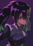  1girl absurdres commentary_request gundam gundam_gquuuuuux hair_ornament hairclip highres long_hair long_sleeves looking_at_viewer mecha_pilot_suit normal_suit_(gundam) nyaan_(gundam_gquuuuuux) ponytail purple_hair sidechest_atm simple_background solo yellow_eyes zeon 