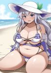  1girl @_@ absurdres beach bikini blush breasts cleavage commentary_request d: day flower_knight_girl frilled_bikini frills grey_hair hat hat_ornament highres jacket jacket_partially_removed ki-51_(ampullaria) large_breasts long_hair navel outdoors plump purple_eyes sigillaria_(flower_knight_girl) sitting solo sun_hat sweatdrop swimsuit thick_thighs thighs tiara wariza white_bikini white_hat 
