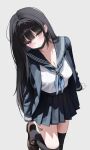  1girl bandaid bandaid_on_leg bandaid_on_thigh black_hair black_mask blue_neckerchief blue_sailor_collar blue_skirt breasts brown_shoes cleavage foot_out_of_frame foot_up_heel_up grey_background highres kneehighs large_breasts loafers looking_at_viewer mask mask_pull midriff_peek miniskirt mouth_mask neckerchief no_dickey original pleated_skirt purple_eyes removing_shoes sailor_collar sakoronia school_uniform serafuku shirt shoes simple_background skirt socks solo surgical_mask white_shirt 