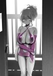  1girl areola_slip bag bodycon breasts bridal_gauntlets buta_tsuzumi clenched_teeth commentary_request criss-cross_halter door doorway dress elbow_gloves gloves greyscale halterneck highres holding holding_bag idolmaster idolmaster_cinderella_girls jougasaki_mika large_breasts latex latex_dress microdress monochrome nipples o-ring_dress open_door pink_bridal_gauntlets pink_dress pink_gloves plastic_bag pov_doorway shopping_bag smile solo spot_color teeth yellow_eyes 