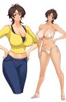  1girl absurdres amaha_masane bare_shoulders bikini black_sports_bra breasts brown_eyes brown_hair cleavage closed_mouth commentary cropped_shirt denim full_body hand_on_own_hip high_heels highres jeans jnsdh large_breasts mature_female medium_hair micro_bikini midriff multiple_views navel pants shirt simple_background smile sports_bra swimsuit white_background white_bikini witchblade_(anime) yellow_shirt 