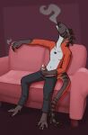 anthro australovenator bodily_fluids bottomwear claws clothing dinosaur drugs erection furniture genital_fluids genitals half_naked hi_res joint joint_in_hand male marijuana masturbation megaraptorid pants penis piercing precum prehistoric_species reptile saurischian scalie shirtless sitting smoke smoke_from_mouth smoking soakedspino sofa solo stroking_penis sweatpants theropod