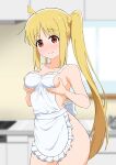  1girl absurdres ahoge apron blonde_hair blurry blurry_background blush bocchi_the_rock! breasts collarbone commentary_request grabbing_own_breast highres ijichi_nijika indoors kitchen long_hair looking_at_viewer medium_breasts naked_apron red_eyes side_ponytail smile solo standing usazirou539 window 