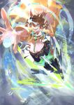  1girl absurdres ahoge animal_ears bandeau belt blue_skirt braid breasts brown_belt brown_hair green_thighhighs hair_between_eyes hair_ornament hairclip half_up_half_down_braid highres horse_ears horse_girl horse_tail jacket jewelry jungle_pocket_(champion's_battle_cry)_(umamusume) jungle_pocket_(umamusume) long_sleeves mechanical_legs medium_hair navel notched_ear open_clothes open_mouth outstretched_arm skirt small_breasts smile solo spindrift tail teeth thighhighs umamusume yellow_bandeau yellow_eyes yellow_jacket 