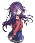 1girl absurdres arms_behind_back blue_eyes blue_hair blue_skirt blush commentary_request hair_ornament hairclip hand_on_own_arm highres kind_mita_(miside) long_hair long_sleeves looking_at_viewer miside mita_(miside) red_shirt shirt simple_background skirt smile solo white_background yozakura_souki 