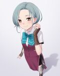  1girl aqua_bow aqua_bowtie bow bowtie collared_shirt commentary_request denim denim_skirt dress forehead grey_hair grey_thighhighs hair_ornament hairclip kantai_collection looking_at_viewer medium_hair mole mole_on_neck porupurucha purple_dress purple_vest shirt short_hair skirt smile solo tamanami_(kancolle) tamanami_kai_ni_(kancolle) thighhighs vest white_background white_shirt yellow_eyes 