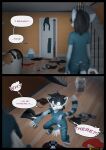 3d_(artwork) annoyed anthro black_hair blue_body blue_fur clothing comic dialogue digital_media_(artwork) digitigrade discarded_clothing english_text female food fur hair hi_res living_room long_tail mammal markings procyonid purple_eyes raccoon ryder_(striped_sins) shocked sibling_(lore) sister_(lore) stairs striped_markings striped_sins striped_tail stripes tail tail_markings takeout_box text twitching willitfit