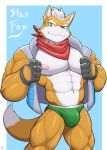 abs absurd_res anthro big_muscles blue_background border briefs bulge canid canine clothing countershade_face countershade_torso countershading dipstick_tail eyebrows forearm_muscles fox fox_mccloud green_briefs green_clothing green_eyes green_underwear hi_res jock kerchief looking_at_viewer male mammal markings muscular muscular_anthro muscular_male neckerchief neckwear nintendo pecs quads red_kerchief red_neckerchief shinobiya simple_background smile solo star_fox tail tail_markings topwear underwear vest white_body white_border white_countershading yellow_body