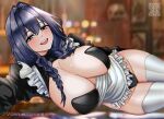  1girl adapted_costume alternate_costume apron artist_name black_hair black_leotard black_shrug blue_eyes blue_hair blurry blurry_background blush braid breasts center_opening cleavage commentary english_commentary frills full_cleavage hair_intakes hololive hololive_english huge_breasts indoors invisible_floor large_breasts leotard long_hair long_sleeves looking_at_viewer low_twin_braids lying maid maid_apron muhammaddeny multicolored_hair official_alternate_hairstyle on_side open_mouth ouro_kronii ouro_kronii_(maid) over-kneehighs revealing_clothes shrug_(clothing) smile solo thighhighs twin_braids vgen_username virtual_youtuber white_apron white_thighhighs 