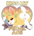 2026 3_toes ambiguous_gender anus artist_logo artist_name badge brown_eyes brown_sclera butt chest_tuft dipstick_ears ear_markings english_text eyebrows feet feral footprint fur half-closed_eyes hi_res icon kiss_my_ass lagomorph leporid logo looking_back mammal markings multicolored_body multicolored_ears multicolored_fur narrowed_eyes nonbinary_(lore) pawprint pink_anus pink_inner_ear pink_nose presenting presenting_hindquarters rabbit reaction_image scut_tail short_tail smile solo star_print sticker tail text toes tongue tongue_out tuft white_body white_eyebrows white_feet white_fur x_anus xenoyia yellow_body yellow_fur