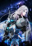  1boy 1girl absurdres black_hair blush character_request earth_(planet) from_behind glowing glowing_eyes grey_hair highres key_visual long_hair mecha official_art planet promotional_art reaching robot short_hair short_sleeves shorts space todo_akira vertex_force 