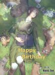 1other animalization annie_leonhart armin_arlert blonde_hair book boots brown_boots brown_hair cat character_name character_request closed_mouth coat collared_shirt commentary_request dated eren_yeager eyepatch food food_in_mouth glasses grass green_coat hange_zoe happy_birthday highres holding holding_book levi_(shingeki_no_kyojin) long_coat lying meat medium_hair mikasa_ackerman on_back open_book outdoors pants paradis_military_uniform parted_lips planetno325 ponytail red_scarf sasha_blouse scarf shingeki_no_kyojin shirt sleeping solo survey_corps_(emblem) too_many too_many_cats updo white_pants white_shirt 
