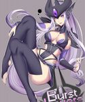  black_legwear breasts cleavage cropped highres kumiko_shiba large_breasts league_of_legends light_smile long_hair looking_at_viewer purple_eyes purple_hair solo striped striped_background syndra thighhighs very_long_hair 