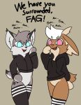 2025 anthro antlers black_clothing black_hoodie black_legwear black_text black_thigh_highs black_topwear blue_eyes bottomless bottomless_anthro bottomless_male bovid brown_body brown_fur brown_nose caprine clothed clothing cropped_hoodie cute_fangs deer dipstick_ears dipstick_tail dragon duo ear_markings english_text etya_(eto_ya) eyebrow_through_hair eyebrows fangs felid feline femboy fur fur_markings goat grey_body grey_fur hair hi_res homophobic_slur hoodie horn hybrid laugh legwear looking_at_viewer lynx male mammal markings midriff multicolored_ears mythological_creature mythological_scalie mythology open_mouth open_smile orange_nose partially_clothed pink_eyes profanity reaction_image scalie short_tail simple_background slur smile spots tail tail_markings tan_background tan_body tan_fur teeth text thigh_highs topwear translucent translucent_hair triangle_nose unknown_artist white_hair