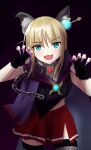 1girl :d absurdres alternate_costume animal_ear_fluff animal_ears black_gloves black_shirt blonde_hair blue_eyes blush chain claw_pose commentary_request cowboy_shot eyes_visible_through_hair fang fingerless_gloves fingernails fishnet_thighhighs fishnets gloves hair_between_eyes hands_up heaven_burns_red highres kanzaki_adelheid long_fingernails long_hair looking_at_viewer miniskirt mok_kan nail_polish open_mouth pleated_skirt purple_nails purple_scarf red_skirt scarf sharp_fingernails shirt sidelocks skin_fang skirt smile solo thighhighs v-shaped_eyebrows zettai_ryouiki 