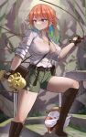  1girl absurdres archinoer bag boots breasts cleavage collared_shirt commission earrings feather_earrings feathers gradient_hair high_heel_boots high_heels highres hololive hololive_english jewelry jungle kfp_employee_(takanashi_kiara) large_breasts long_hair looking_afar multicolored_hair nature open_clothes open_shirt orange_hair outdoors pink_eyes ruins shirt shorts shoulder_bag smile solo statue sweat takanashi_kiara thighs torn_clothes virtual_youtuber whip white_shirt 