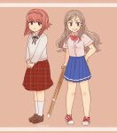  2girls artist_name blue_skirt brown_eyes brown_hair brown_shoes closed_mouth commentary_request contemporary fire_emblem fire_emblem_fates flyer_27 full_body hana_(fire_emblem) hand_on_own_hip holding holding_sword holding_weapon long_sleeves multiple_girls pink_background pink_eyes pink_hair pink_shoes plaid_clothes plaid_skirt pleated_skirt sakura_(fire_emblem) shoes short_sleeves simple_background skirt smile standing sword teeth weapon wooden_sword 