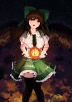  1girl absurdres bird_wings black_thighhighs bow brown_hair brown_wings collared_shirt commentary_request feathered_wings frilled_shirt_collar frilled_skirt frills green_bow green_skirt hair_bow highres long_hair looking_at_viewer nimo_(nimofumo) open_mouth puffy_short_sleeves puffy_sleeves red_eyes reiuji_utsuho shirt short_sleeves skirt solo thighhighs touhou white_shirt wings 