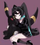  1girl black_dress black_hair breasts choker commentary_request dress expressionless hair_intakes high_heels highres long_hair looking_at_viewer luna_(nashi) nashi_(shi_ra_nu_i) original poke_ball pokemon pokemon_(creature) red_eyes ribbon_choker sitting slit_pupils small_breasts twintails umbreon very_long_hair 