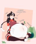 2026 absurd_res after_vore animal_humanoid armor belly big_belly black_hair cat_humanoid cause_for_concern clinkoclinko clothing duo felid felid_humanoid feline feline_humanoid female female_pred hair headgear helmet hi_res humanoid luci_laurent male mammal mammal_humanoid shirt sitting text topwear vore