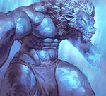 2026 abs anthro biceps biped blue_background blue_monochrome bottomwear clothed clothing deltoids digital_drawing_(artwork) digital_media_(artwork) empty_eyes foreshortening front_view furrowed_eyebrows hair hi_res kingarthur_i latissimus_dorsi loincloth loincloth_only male male_anthro monochrome muscular muscular_anthro muscular_male neck_tuft nipples non-mammal_nipples open_mouth pecs pointy_ears portrait scales scalie sharp_teeth simple_background snout solo teeth three-quarter_portrait topless topless_anthro topless_male trapezius tuft