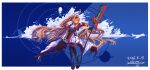  1girl angelina_(arknights) angelina_the_mellow_wish_(arknights) animal_ears arknights black_boots black_collar black_gloves black_hairband black_thighhighs boots border breasts brown_hair chinese_commentary cleavage cloud collar commentary_request cumulonimbus_cloud dated detached_sleeves dress fox_ears fox_girl full_body gloves hairband highres holding holding_staff long_hair orbital_path outside_border planet pleated_dress red_eyes salami0 signature sleeveless sleeveless_dress staff thighhighs twintails very_long_hair white_border white_dress 