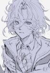  1boy ahoge artist_name ascot cape closed_mouth collared_jacket collared_shirt gem genshin_impact hair_between_eyes high_collar highres innagaja jacket jewelry long_hair_between_eyes long_sleeves looking_at_viewer male_focus mitya_(genshin_impact) open_clothes open_jacket pendant shirt short_hair simple_background sketch solo sweatdrop tassel two-sided_fabric two-sided_jacket upper_body vest wavy_hair white_background 