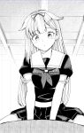  1girl breasts commentary grey_hair hair_flaps head_tilt kantai_collection long_hair looking_down masukuza_j medium_breasts neckerchief pleated_skirt sailor_collar school_uniform serafuku sitting skirt solo straddling yuudachi_(kancolle) yuudachi_kai_ni_(kancolle) 