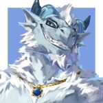 1:1 anthro babanasaur blue_body blue_eyes dragon elemental_creature elemental_dragon eyewear ferinix fur gem glasses hi_res horn ice_dragon jewelry male mythological_creature mythological_scalie mythology necklace scalie smile smiling_at_viewer smirk smirking_at_viewer solo wearing_glasses white_body white_fur