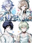  ... 1girl 3boys :< absurdres ahoge alternate_costume alyosha_(genshin_impact) ascot badge bandage_on_face bandaged_neck bandages bandaid bandaid_on_face black-framed_eyewear black_choker black_hair black_vest blood blue_eyes blue_hair blue_necktie blue_scarf blue_shirt blunt_ends bow breast_pocket breasts bright_pupils brown_hair buttons c_ixxp cable choker closed_mouth coat collarbone collared_shirt colored_blood commentary_request crossed_bangs detached_collar dress eyepatch fingernails gem genshin_impact glasses gloves green_hair hair_between_eyes hair_ornament hand_up hat headphones heart highres id_card index_finger_raised jacket jellyfish_cut jewelry lab_coat lapels long_sleeves looking_at_viewer male_focus medical_eyepatch medium_breasts mitya_(genshin_impact) multiple_boys necktie nurse_cap open_clothes open_coat open_jacket open_mouth patch pendant pink_blood pocket pointing pointing_at_viewer purple_eyes red_gem sandrone_(genshin_impact) scaramouche_(genshin_impact) scarf semi-rimless_eyewear shirt short_hair short_hair_with_long_locks sidelocks simple_background smile sparkle speech_bubble spoken_ellipsis spoken_heart spoken_object striped_clothes striped_shirt teeth upper_body v-shaped_eyebrows vest wavy_hair white_ascot white_background white_bow white_coat white_dress white_gloves white_hat white_jacket white_pupils white_shirt wide_sleeves x_hair_ornament yellow_eyes yellow_gem 