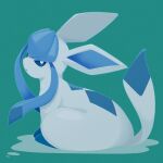  afuron blue_eyes bright_pupils commentary from_side full_body glaceon green_background highres looking_to_the_side no_humans open_mouth pokemon pokemon_(creature) pokemon_focus puddle solo white_pupils 
