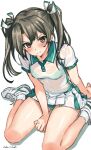  1girl alternate_costume bra bra_visible_through_clothes breasts collared_shirt commentary_request eckert&amp;eich green_bra green_eyes green_hair green_panties highres kantai_collection looking_at_viewer panties pleated_skirt polo_shirt see-through_clothes see-through_shirt shirt simple_background sitting skirt small_breasts solo sportswear tennis_uniform twintails underwear wariza white_background white_shirt white_skirt zuikaku_(kancolle) 
