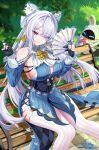  1girl absurdres ascot bai_fan_pwr bangboo_(zenless_zone_zero) bare_shoulders bench blue_dress breasts chinese_commentary cleavage clothing_cutout commentary_request dress earrings foot_out_of_frame grass grey_hair hair_over_one_eye hand_fan highres holding holding_fan jewelry large_breasts leaf long_hair looking_at_viewer meadow mole mole_under_mouth outdoors plant pointy_ears purple_eyes shoulder_cutout sideboob smile solo striped_clothes striped_thighhighs thighhighs velina_airgid white_thighhighs yellow_ascot zenless_zone_zero 