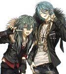  2boys 6wings alternate_costume alternate_hairstyle animal_print belt black_belt black_gloves black_jacket black_pants blue_eyes blue_hair blue_pants blush braid commentary_request cowboy_shot cross cross_necklace denim ear_piercing earclip ensemble_stars! fashion_style_request fingerless_gloves fur-trimmed_jacket fur_trim gloves grey_hair hair_between_eyes hair_down hair_ornament hairclip hand_up highres himeru_(ensemble_stars!) jacket jeans jewelry layered_sleeves leaning_forward leopard_print leopard_print_scarf long_hair long_hair_between_eyes long_sleeves looking_at_viewer male_focus multiple_boys necklace open_clothes open_jacket open_mouth pants piercing pointing pointing_at_self red_shirt scarf shiina_niki shirt shirt_partially_tucked_in short_hair simple_background sleeves_rolled_up spiked_gloves teeth tongue tongue_out torn_clothes torn_pants upper_teeth_only wallet_chain white_background wrist_belt x_hair_ornament yellow_eyes 