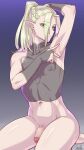  1boy arm_up armpits blonde_hair borrowed_character bottomless bridal_gauntlets censored closed_mouth commentary_request commission cowboy_shot expressionless flaccid gradient_background green_eyes hand_up high_ponytail highres kuroino_(0kuro8ino6) male_focus mosaic_censoring navel original penis pointy_ears ponytail presenting_own_armpit seiza simple_background sitting skeb_commission solo trap turtleneck 