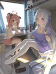  2girls absurdres ahoge alternate_costume amigo_(hua_cao) anchor_necklace azur_lane black_ribbon black_shoes breasts chinese_commentary commentary_request cygnet_(azur_lane) dress flat_chest hair_ribbon highres holding_thermos indoors jewelry large_breasts looking_at_viewer multiple_girls necklace open_mouth pink_eyes pink_shorts puffy_short_sleeves puffy_sleeves purple_dress purple_eyes ribbon rolling_suitcase saratoga_(azur_lane) shoes short_sleeves shorts sitting suitcase thermos train_interior unworn_shoes 