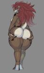 anthro april_(hezrezzo) big_butt breasts brown_body brown_scales butt female genitals hair hi_res kobold looking_at_viewer looking_back looking_back_at_viewer multicolored_body presenting presenting_vulva red_hair scales scalie small_tail solo standing tail thick_thighs toufucoo vulva white_body wide_hips