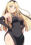  1girl :3 absurdres armpits black_bridal_gauntlets black_dress black_streaks blonde_hair braid breasts bridal_gauntlets closed_mouth commentary_request covered_navel cowboy_shot curtained_hair dress earrings elbow_gloves fang fishnets gloves halter_dress halterneck hands_on_own_hips highres hololive hololive_dev_is irodori_drawpic jewelry koganei_niko large_breasts long_hair looking_at_viewer multicolored_hair see-through_cleavage see-through_clothes side_braid side_slit simple_background slit_pupils solo straight_hair streaked_hair virtual_youtuber white_background 