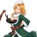  1girl arm_behind_back b_eaka beret black_gloves bleach bleach:_brave_souls blue_eyes bow breasts breasts_out christmas cleavage commentary cowboy_shot dated_commentary dress forehead fur-trimmed_dress fur-trimmed_sleeves fur_trim gloves green_dress hand_up hat holding large_breasts long_hair long_sleeves looking_at_viewer matsumoto_rangiku matsumoto_rangiku_(christmas_2020) mole mole_under_mouth nose official_alternate_costume one_eye_closed orange_hair parted_bangs parted_lips red_bow red_sash ribbon sash shiny_skin simple_background smile solo white_background white_fur white_hat 
